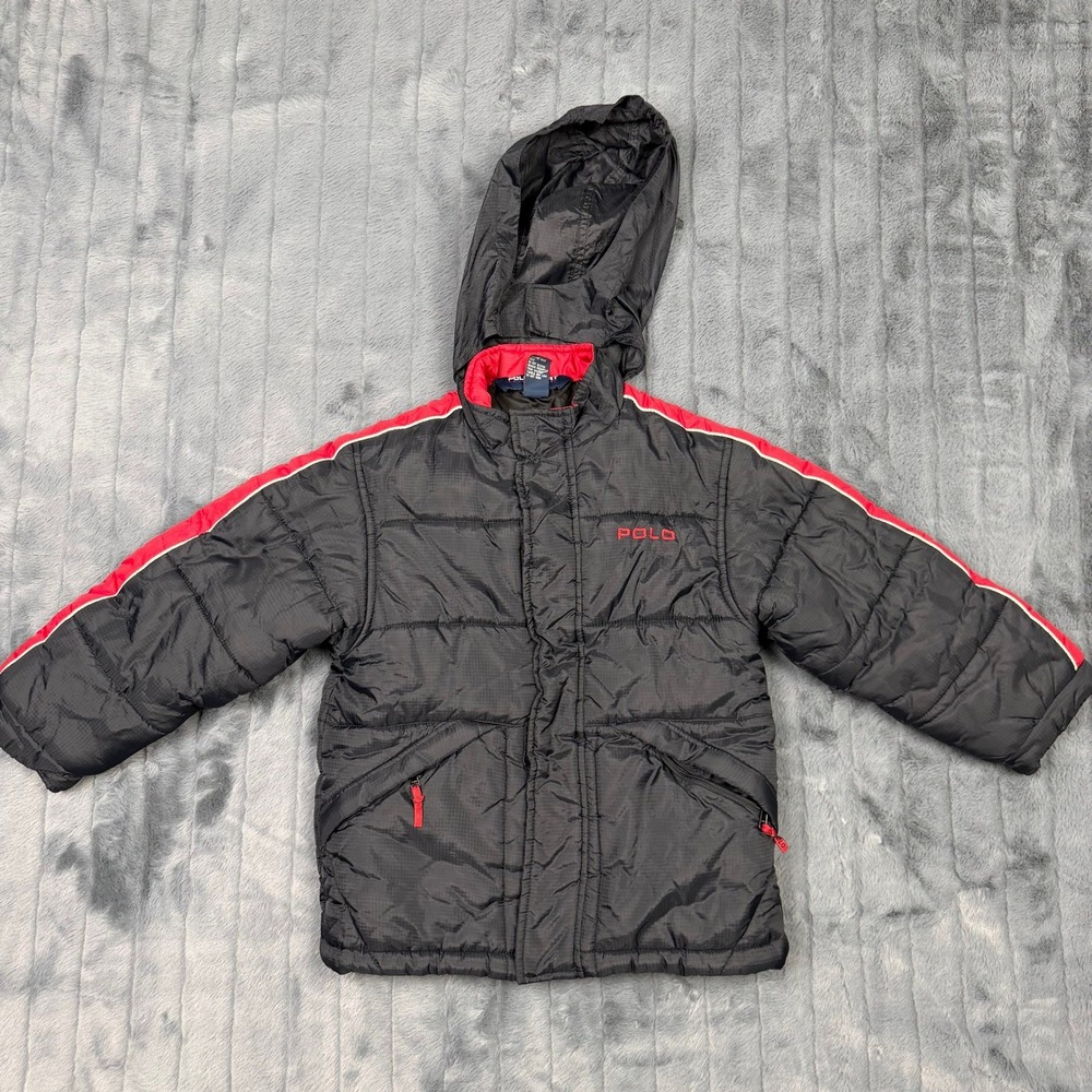 Polo Sport Ralph Lauren Kids Black Red Puffer Jacket Hooded Winter Coat Size 7